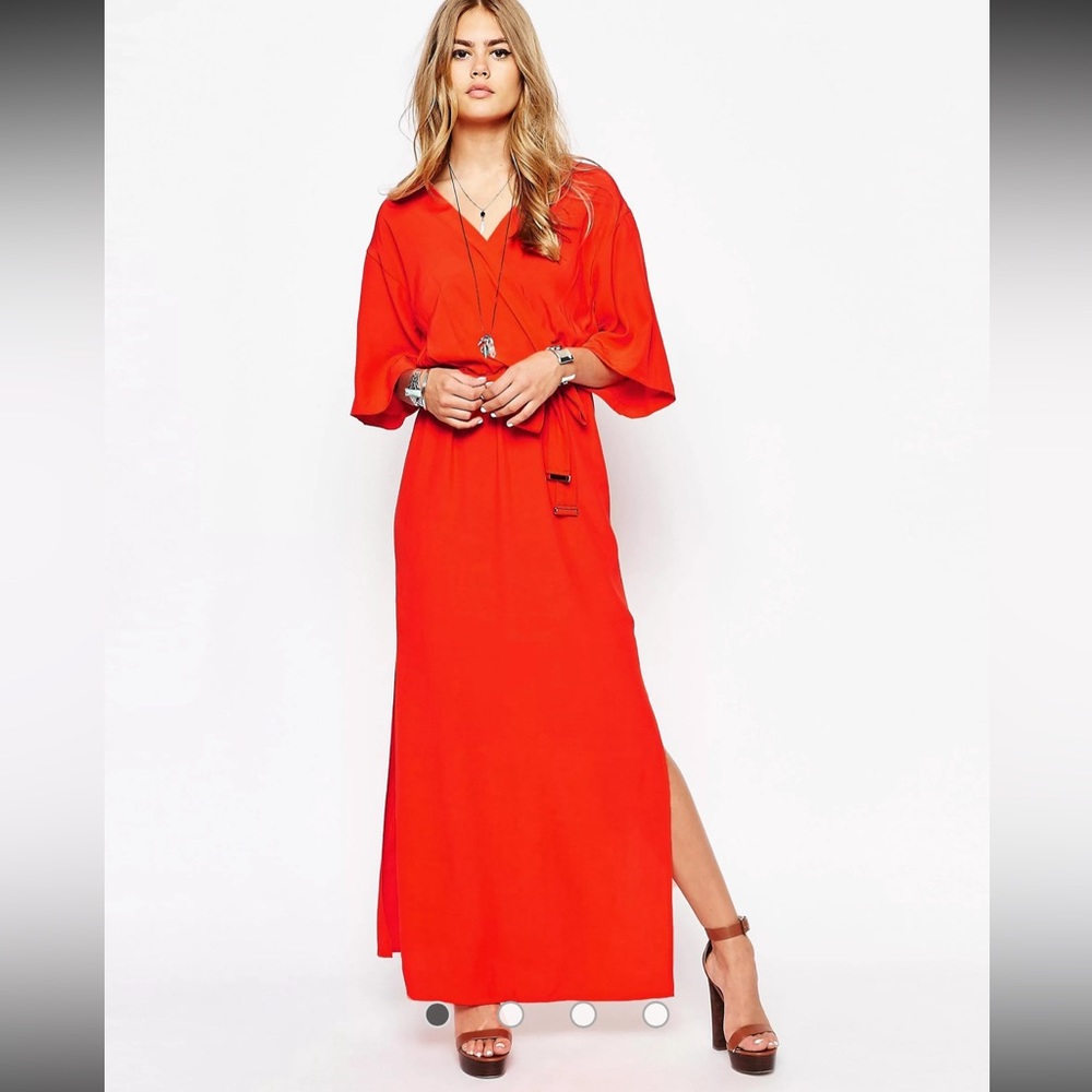 River Island Red Orange Belted Kimono Maxi Dress - Size 6